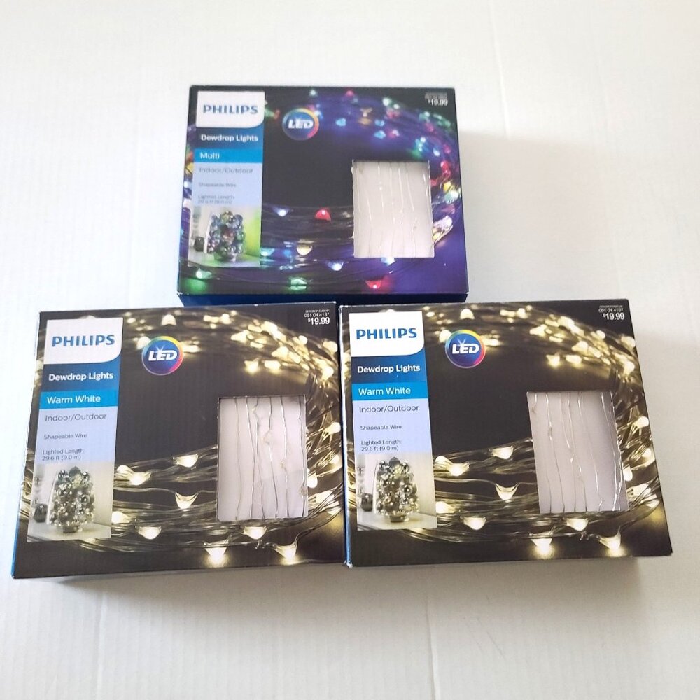 3 Philips Dewdrop LED 90 ct Wire Lights 2 Warm White 1 Multicolor Wall Plug NEW